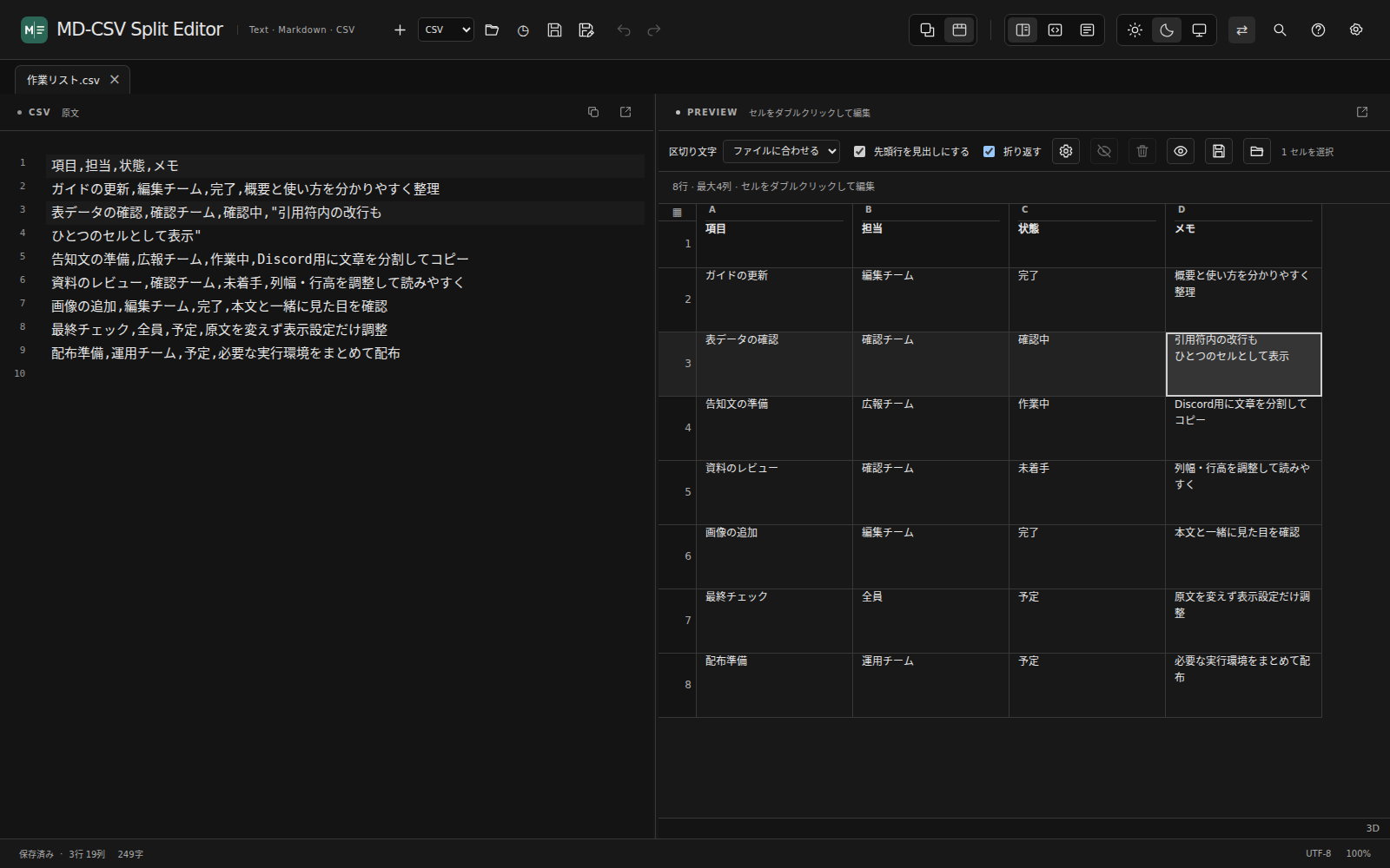 CSVの原文と表を並べ、各セルの内容を確認している画面